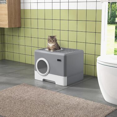 Туалет для котів PawHut з кришкою і лопаткою, 2 виходи, пластик, сірий, для котів до 4 кг, 52x41x38,5 см