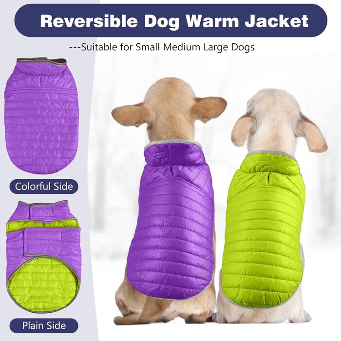 PETCUTE Зворотна куртка для собак, тепла зимова куртка-жилет для цуценят, водонепроникний одяг для домашніх тварин, регульована водонепроникна куртка для собак, поводок для собак з отвором для повідка, ідеальна для зими (S, фіолетовий+зелений)