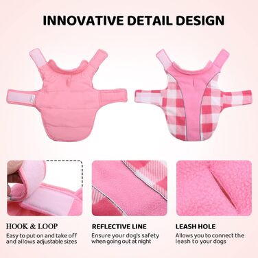 Теплий зимовий одяг для собак, зимовий одяг для собак з захистом живота, зимовий одяг для собак з світловідбиваючими елементами, двосторонній одяг для собак, одяг для собак з отвором для шлейки, рожевий, M (Medium), рожевий