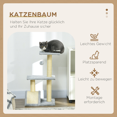 PawHut Cat Tree 72 см Котяча вежа з плюшевими кульками, стовбури з сизалю, платформа, кігтеточка Багатоярусна кігтеточка для кішок, лазіння по дереву, для середніх кішок, світло-сірий | Аосом