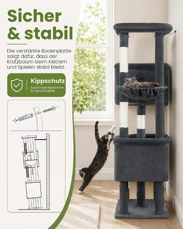Комплексний котячий будинок Kratzbaum XL 170 см з сірим покриттям: ігровий комплекс для великих котів з дряпаками, будиночком, гамаком та м'ячиками