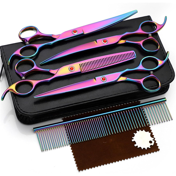 Набір професійних ножиць для грумінгу собак та котів 5-в-1, 7.0 дюймів, з нержавіючої сталі 440C, включає секатор, вигнуті та прямі ножиці, гребінець для шерсті