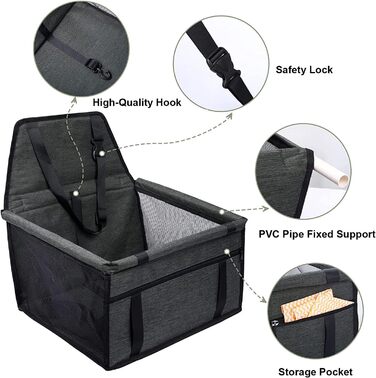 Автомобільний крісло для собак на переднє сидіння - чорний/сірий, з ременем безпеки, водонепроникний, складаний, для малих та середніх порід