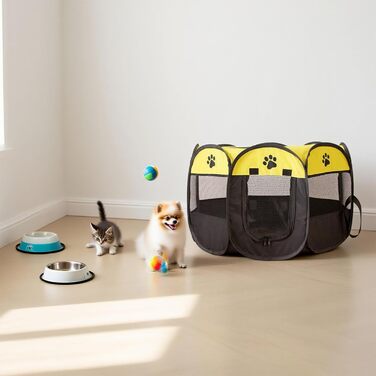 Клітка-вигул для цуценят та дрібних тварин 74x74x43 см – складана клітка для собак та котів – сірого кольору з принтом лапи