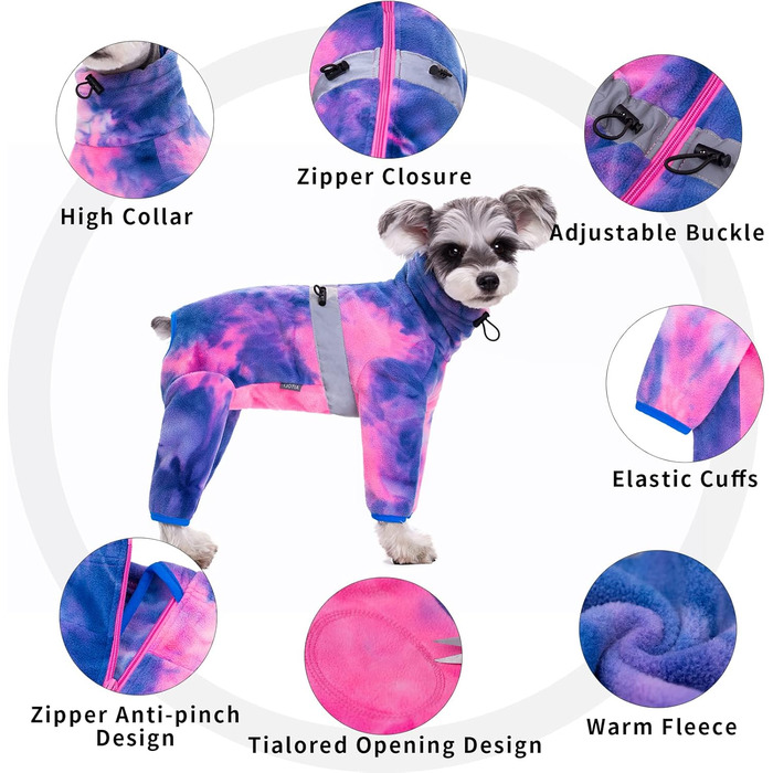 Піжама для собак з полярного флісу, тепла куртка та светр для маленьких та середніх собак, зимовий одяг для чотирилапих (X-Small, Батик-фіолетовий)