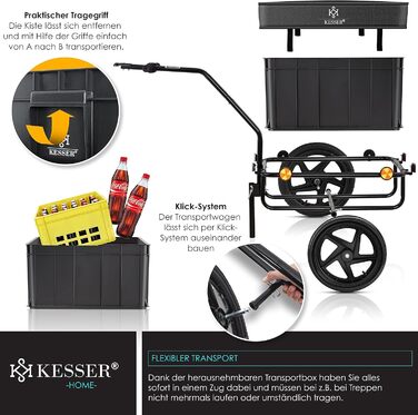 Причіп для велосипеда KESSER®: вантажний, ручний, з кутом висоти, об'єм 70 літрів (2 ящики для пива), чорний