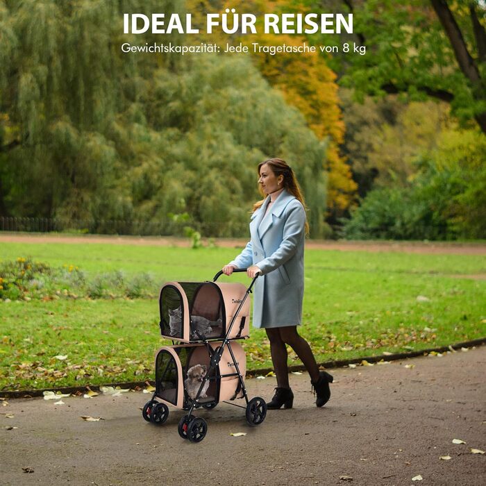 COSTWAY Двоярусний візок для собак та котів, до 16 кг, з сітчастими віконцями, тримачем для напоїв та зчепленим елементом (Бежевий)