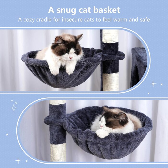 Дерев'яний будиночок для котів Hey-brother з розширеною платформою, широкими полицями, затишними печерами, гамаками, сизалевими стовпчиками та м'ячиком, 178 см, MPJ038W (димно-сірий)