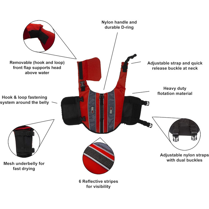 Рятувальний жилет для собак Dogline, для плавання та катання на човні, яскравий колір з світловідбиваючими смугами, сітчастий живіт для стікання води та сушіння, ручка для перенесення, обхват 66-86 см, червоний