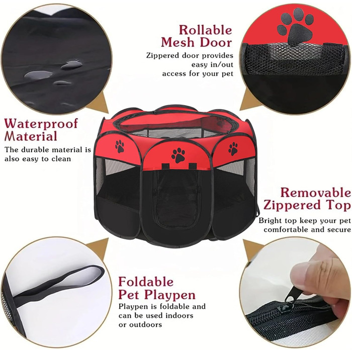 Розкладний вольєр для цуценят, переносний вольєр для собак, загон для тварин у приміщенні 74x43 см (Червоний)