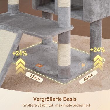 Кігтеточка Heybly для котів, 202 см з 2 великими лежаками, когтешкребком, великою печерою, кошиком, сизалевим стовпом та гамаком. Підходить для дорослих котів, світло-сіра HCT038W
