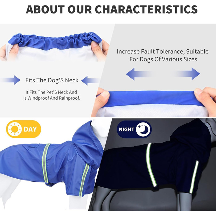 Дощовик для собак PETCUTE з капюшоном, непромокальний, з світловідбиваючими смугами, з отвором для страхувального ременя, для малих, середніх та великих собак (4XL, Темно-синій)
