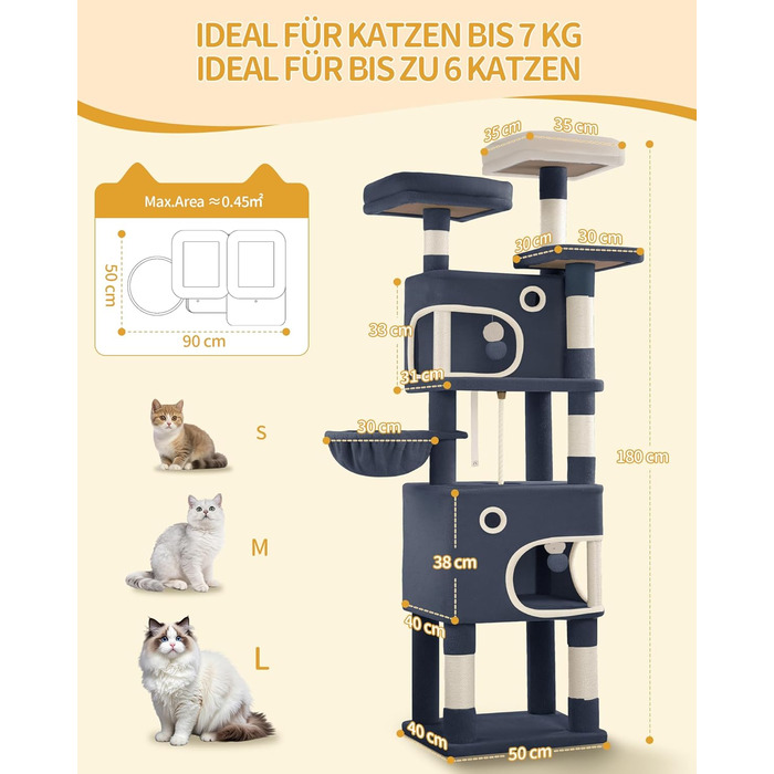 Драбина-кіготь для котів Hzuaneri, 159 см, з 8 кігтеточок, 3 платформ, 2 будиночків, кошиком, плюшевими кульками, мотузкою з сизалю, підходить для котів різних розмірів, MS15918LG (XL, темно-сірий)