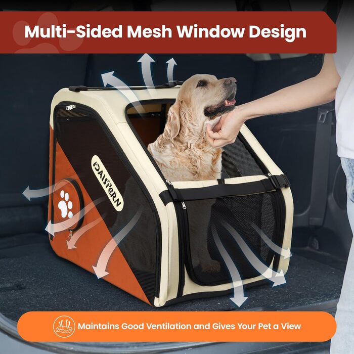 Складана переноска для собак у машину та в подорожі, Softbox для маленьких та середніх собак, швидке складання за 1 хвилину, міцний металевий каркас, дихаючі сітчасті вікна та зручний доступ, коричнева