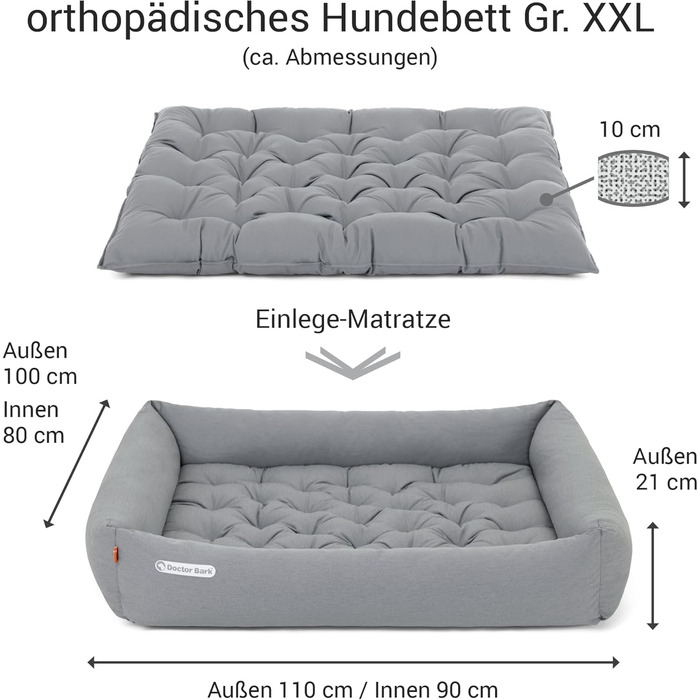 Ортопедичне ліжко для собак Doctor Bark - великі породи, XXL (110x100 см), світло-сірий колір, знімний кошик, прання до 95°C