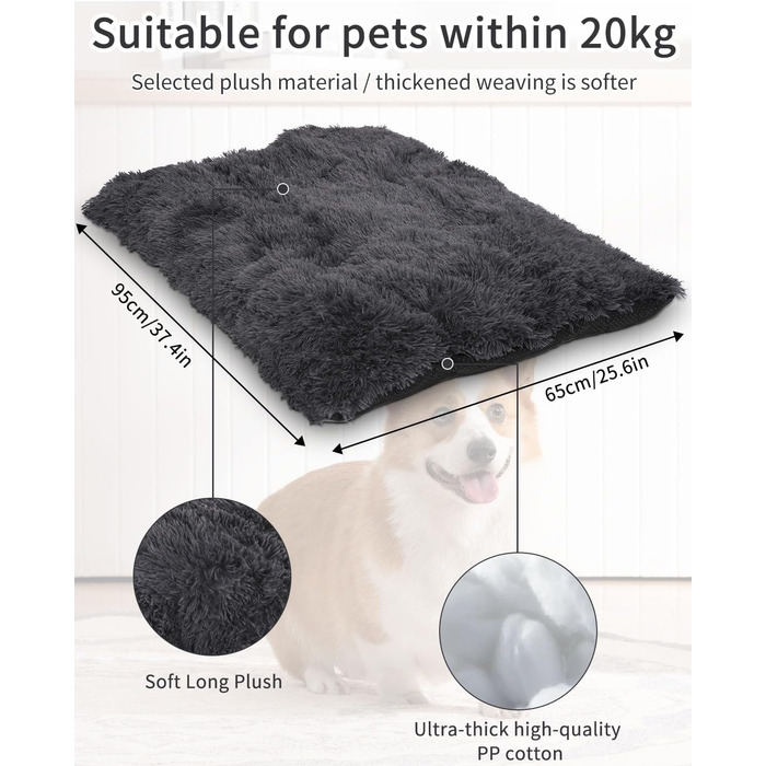 М'яке собаче ліжко для собак середніх порід, 95 x 65 см, плюшеве, ортопедичне, з неслизьким дном, легко миється, темно-сіре
