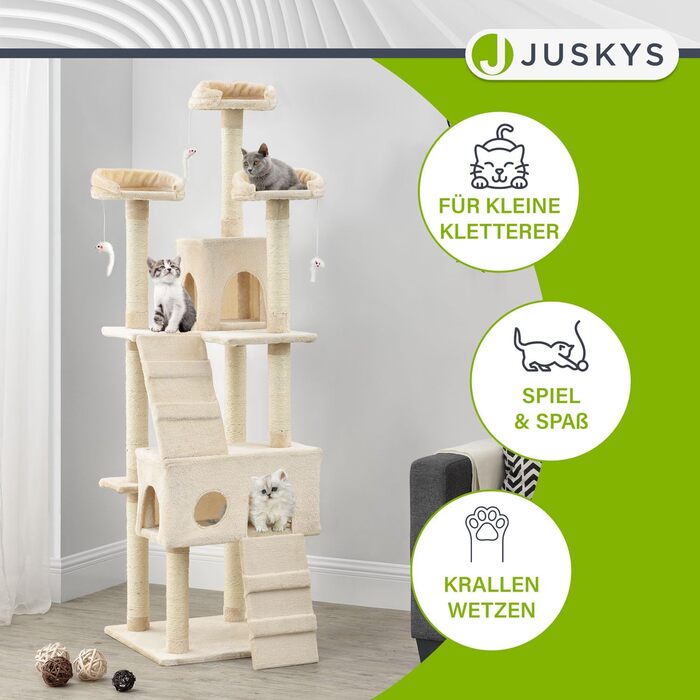 Когтеточка для котів Juskys XXL Amy 170 см, бежевий – багаторівневий котячий комплекс з лежаками, драбинами, будиночками та стовпчиками із сизалю, стійкий кіт-дерево