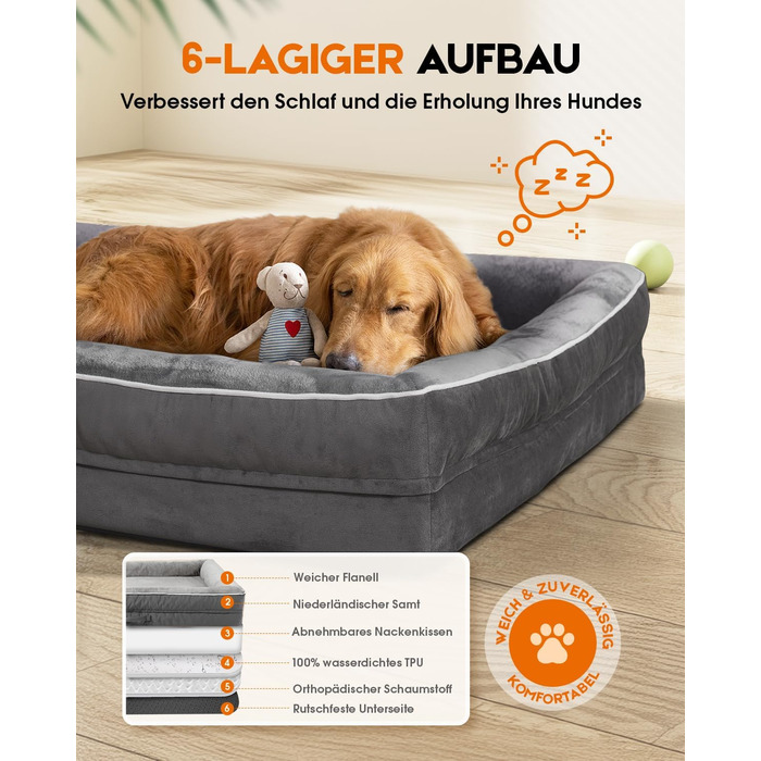 Ортопедичне ліжко для собак великих порід, кошик для собак, що можна прати, з піною у формі яйця, водовідштовхуване ліжко для собак з неслизьким дном та чотиристоронньою подушкою (сірий, 61x91x18 см)