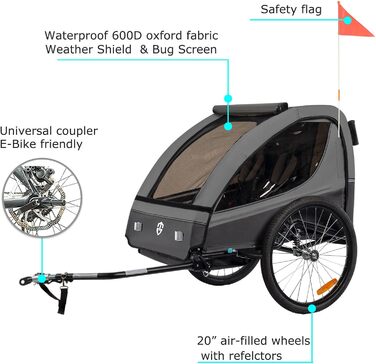 Дитячий велосипедний причіп Tiggo VS 2в1 з амортизацією та поворотним з'єднанням 360° - для 1-2 дітей (до 40 кг), темно-сірий