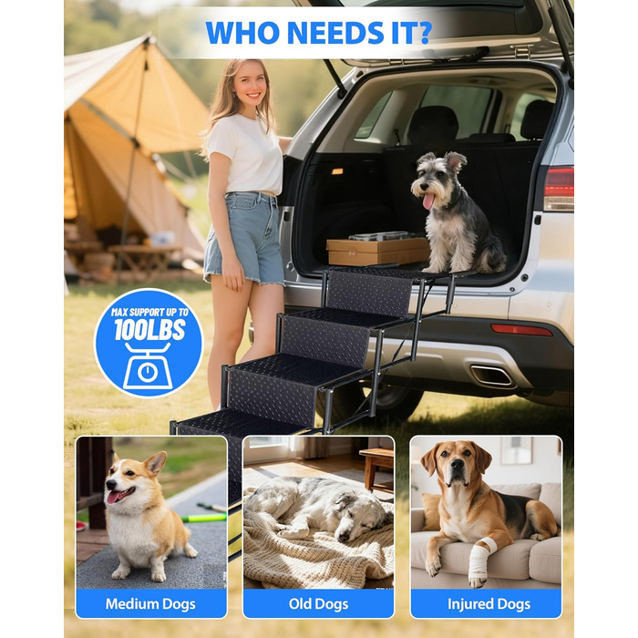 Сходинка для собак у машину, 5 сходинок, складана, для SUV та вантажівок, висота 86-96,5 см, антиковзаюча поверхня, підтримує до 68 кг
