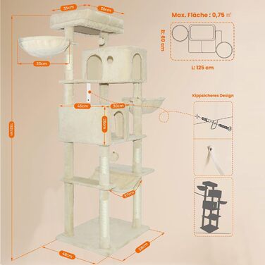 Котячий комплекс LEEJARD XXL: великий дерев'яний будиночок з платформами, когтеточками, будиночком, гамаком, іграшками та захистом від перекидання (180 см, бежевий)