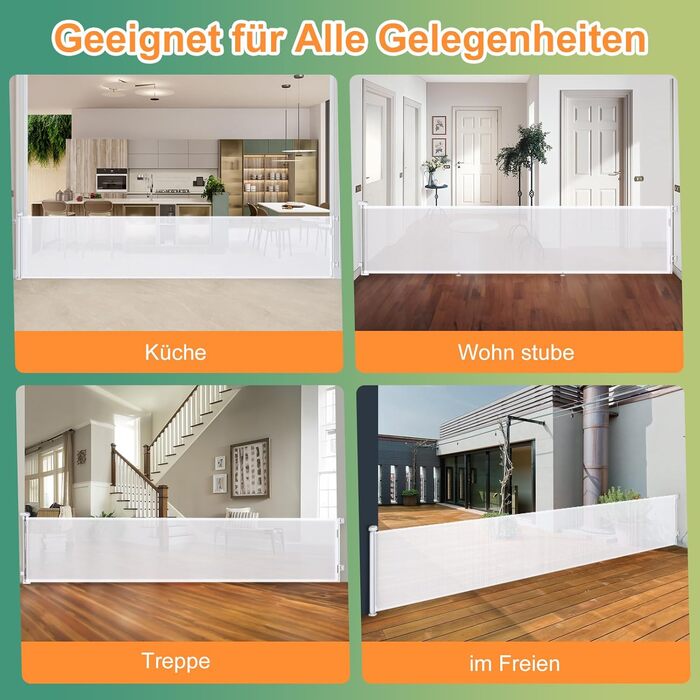 Розсувна захисна сітка для дитини та собаки, 400 см, біла. Захист для сходів/коридору/інтер'єру/екстер'єру. Висота 105 см, ширина 300 см.