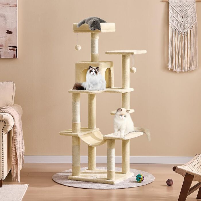 Кігтеточка для котів MSmask велика, багатоярусна, з гамаком та будиночками (150 см, бежева)