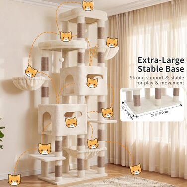 Heybly Katzenbaum 190 см, XXL Дряпка для великих котів, стійка висока когтеточка з великою платформою, 2 печери, гамак та міцні стовпи з сизалю, котячі меблі, HCT062G (Бежевий)