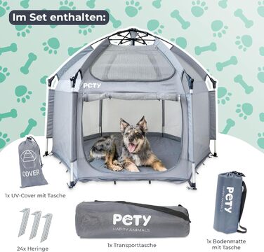 Клітка-переноска для собак Pety - 150 x 100 см, сіра. З переноскою, UV-захистом та килимком. Для відпочинку на природі та вдома. Аксесуари для собак, кемпінг