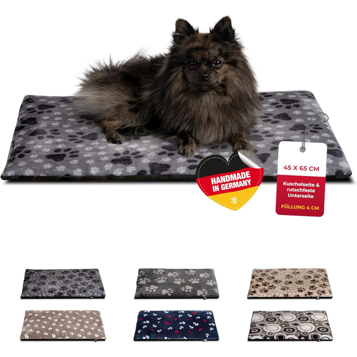 Килимок для собак HS-Hundebett® XS (45x65 см) – неслизький та затишний з наповнювачем 3 см – ідеально для дивану, авто та переноски – лапка сірого кольору, Made in DE 45 x 65 см, лапка сірого кольору
