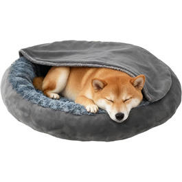 Кругла лежанка для собак та котів з капюшоном, розмір M, сіра, 60 x 60 x 19 см, м'яка, з антиковзною основою, самонагріваюча, для заспокоєння, миється