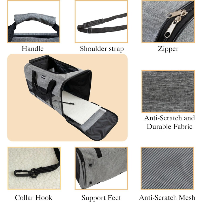 Транспортна сумка для котів та собак, дихаюча та складана, з регульованим плечовим ременем, знімний плюшевий матрац (Сірий, L)