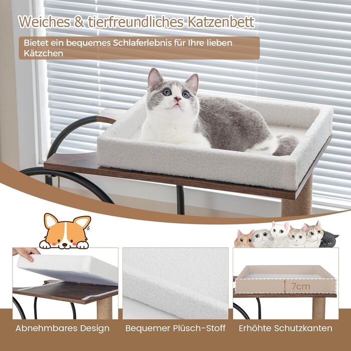 Дерев'яний кігтеточки COSTWAY з будиночком для котів, 118 см, з лежаком та іграшкою, металевий каркас, 4 рівні, вінтажний дизайн (білий)