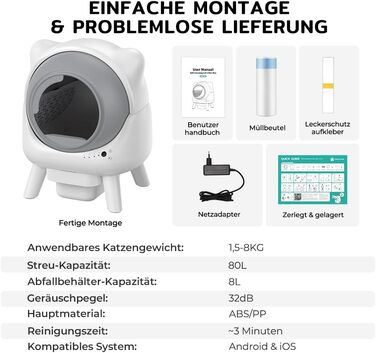 Автоматичний лоток для котів Cura X1 Katzenklo: самоочищення, 80+8 л, датчики безпеки, контроль через додаток, для кількох котів
