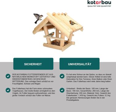 KOTARBAU® Годівниця для птахів з натурального дерева, маленька, без покриття, для підвішування, у комплекті 0,5 кг корму