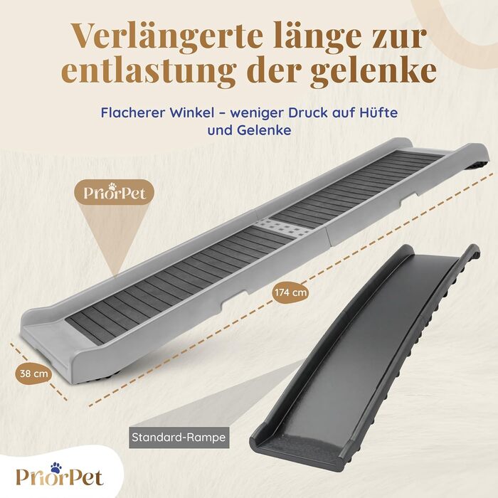 Рампа для собак у машину, складана – 174 см, 38 см – протиковзка гумова поверхня, для великих собак – стійка сходинка для авто та SUV – вантажопідйомність 136 кг – чорна (світло-сіра)