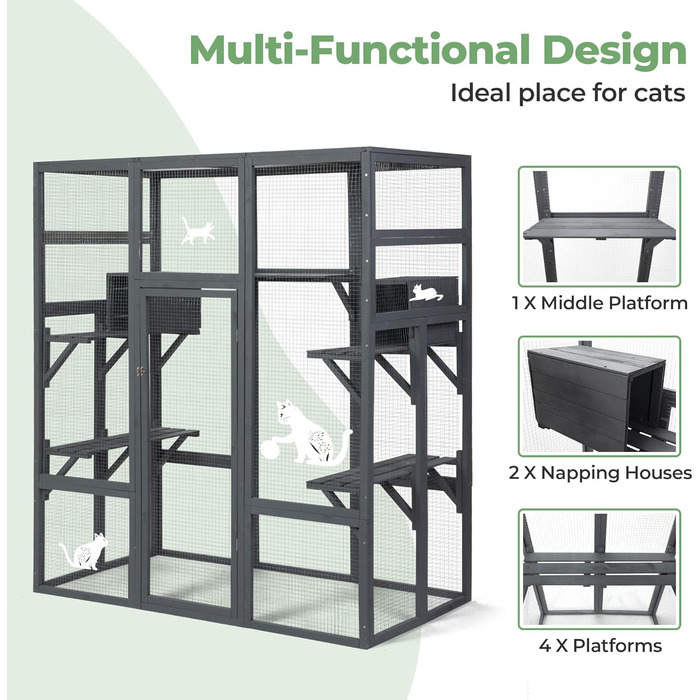Великий дерев'яний кігтечка для котів COZIWOW з лежаками, печерами, ігровим комплексом та простором для бігу, для дому, з водонепроникним дахом, 7 платформ, 2 будиночки, стійкий до УФ-випромінювання, 167 см x 82 см, сірий, XL