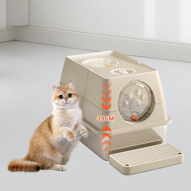 Hapihom котячий туалет із нержавіючої сталі з кришкою 60×40×39 см, закритий металевий туалет для котів із піщаним фільтром, педаллю та лопаткою, XXL, знімний високий борт, легко очищається, колір хакі