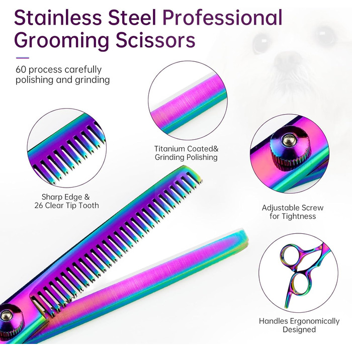 Набір ножиць для грумінгу собак 6-в-1: прямі, зігнуті, для стрижки та розрідження шерсті