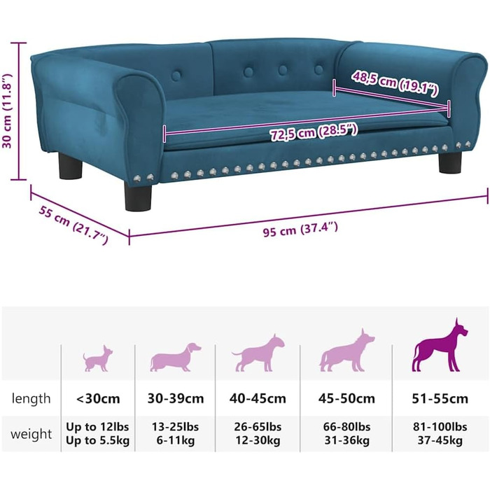 Килимок для собак VidaXL, м'який лежак-софа для маленьких собак та котів, блакитний (95 x 55 x 30 см)
