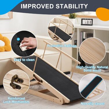 Рампа для собак на ліжко та диван, 5 ступенів, регульована, для маленьких та великих собак (дерево, 115 см)