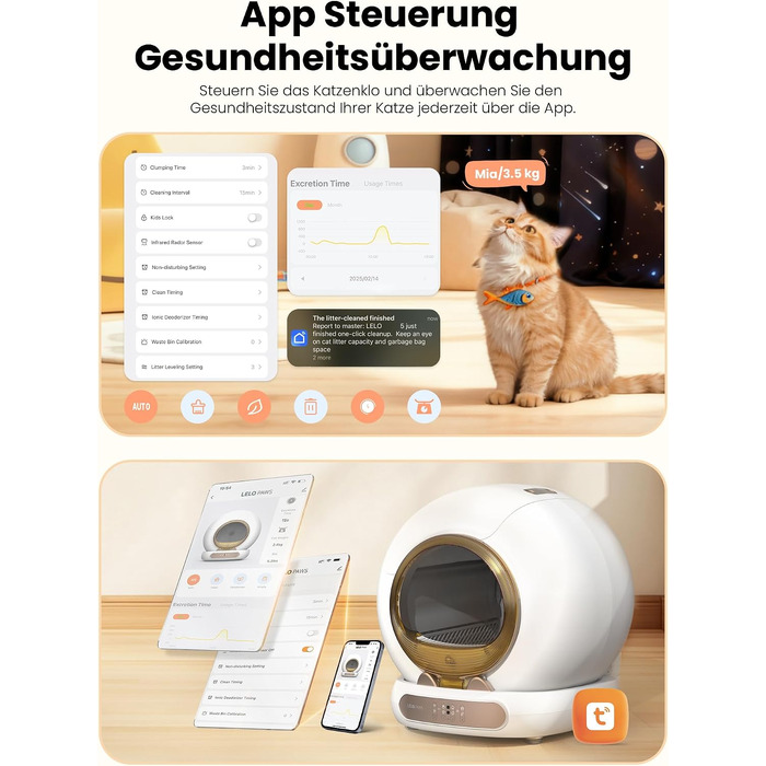 Самоочисний електричний лоток для котів LELO PAWS XXL (74л) з керуванням через додаток, дезодоризацією та шторкою, золотистий