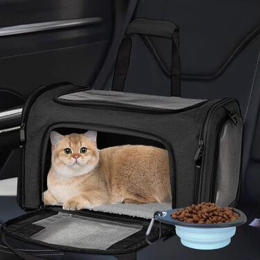 Транспортна переноска для кота та собаки BYZESTY, складана, 42 x 27 x 28 см, з мискою, чорна