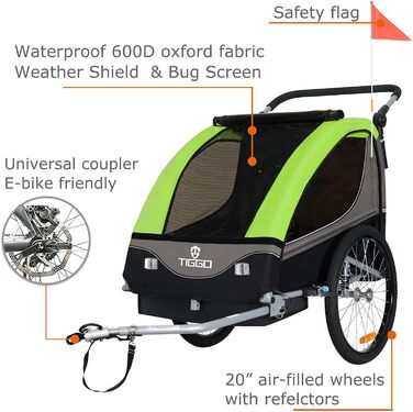 Дитячий причіп Tiggo S2 2-в-1 з підвіскою та поворотним з'єднанням 360° (зелений)