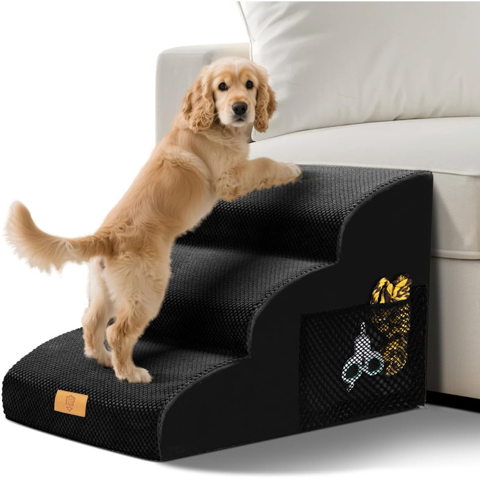 Сходинки для собак, 4 ступені, знімний поручень, неслизьке покриття, для ліжка та дивану, з високощільним губчастим наповнювачем (чорний)