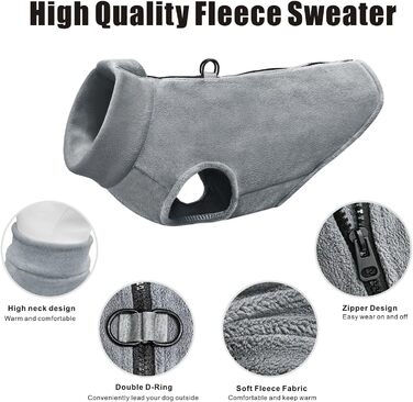 Тепла флісова жилетка для собак Idepet з блискавкою, зимова жилетка-пуловер для маленьких та середніх собак, з кільцем для повідка (Сірий, XXL)