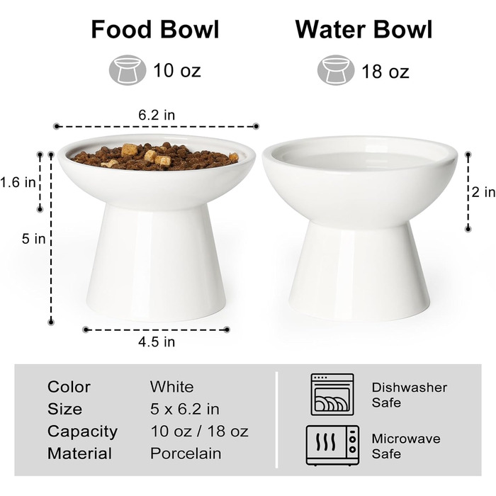 Набір мисок для котів YauYik (2 шт.) – керамічні миски для корму та води, підняті, широкі, білі