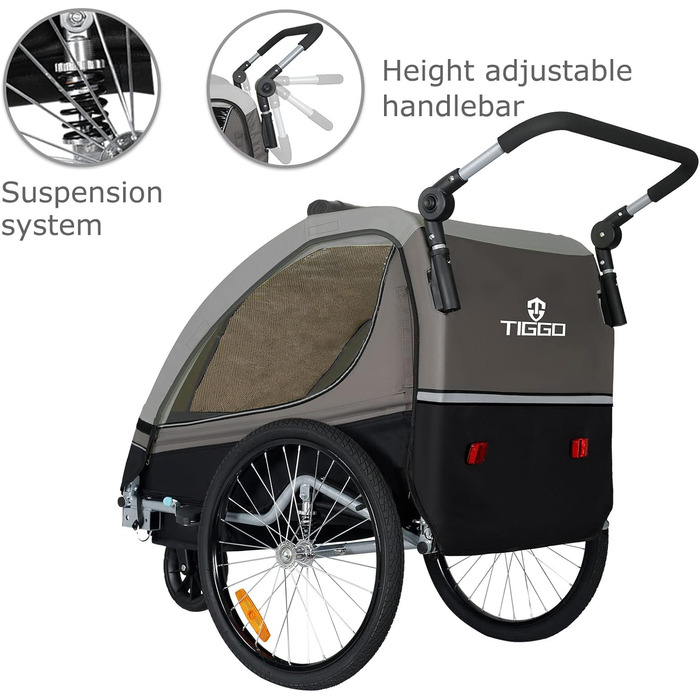 Дитячий причіп Tiggo S2 2-в-1 з підвіскою та поворотним з'єднанням 360° (Сірий)