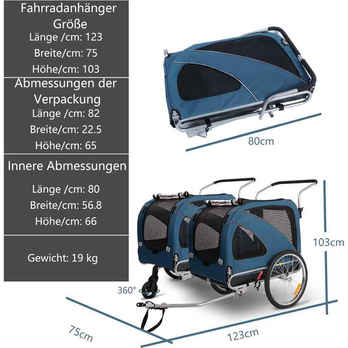 Причеп для собак XL 2-в-1 для велосипеда та візка, з гальмом та світловідбивачами, матеріал 600D Oxford, до 40 кг (Блакитний)