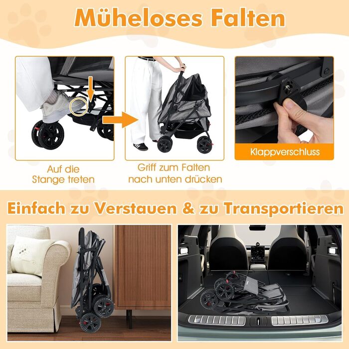 Візок для собак FANTASK 3-в-1, переноска, сумка для тварин до 5 кг з регульованим дахом з сітки та кошиком, тримачем для напоїв, складний візок для собак, котів, домашніх тварин (Сірий, 2)